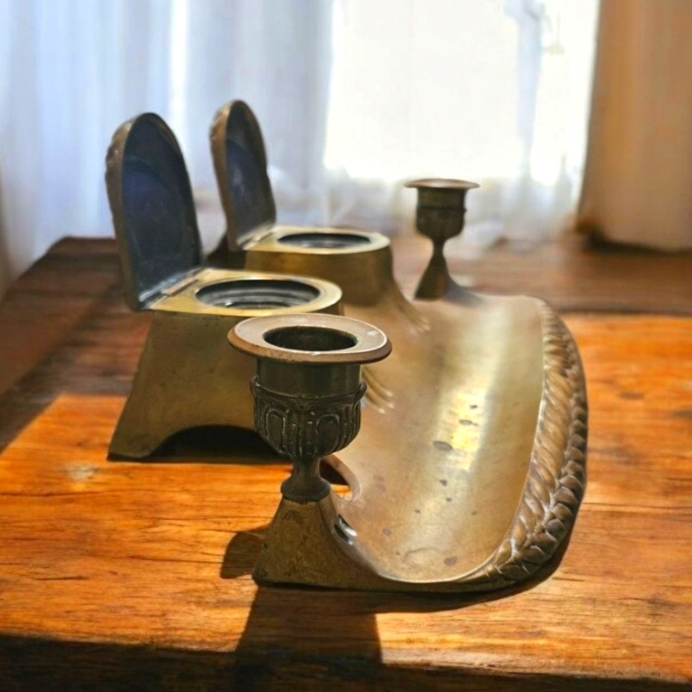 Vintage Brass Double Inkwell with Candle Holders